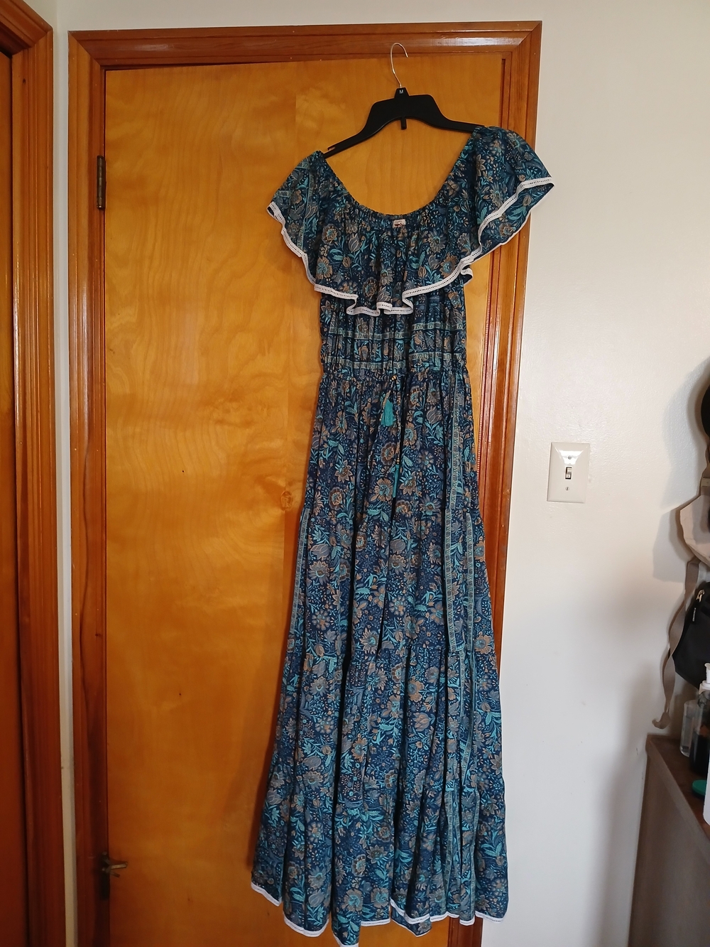 & Other Stories Blue Floral Off-Shoulder Maxi Dress with White Trim
